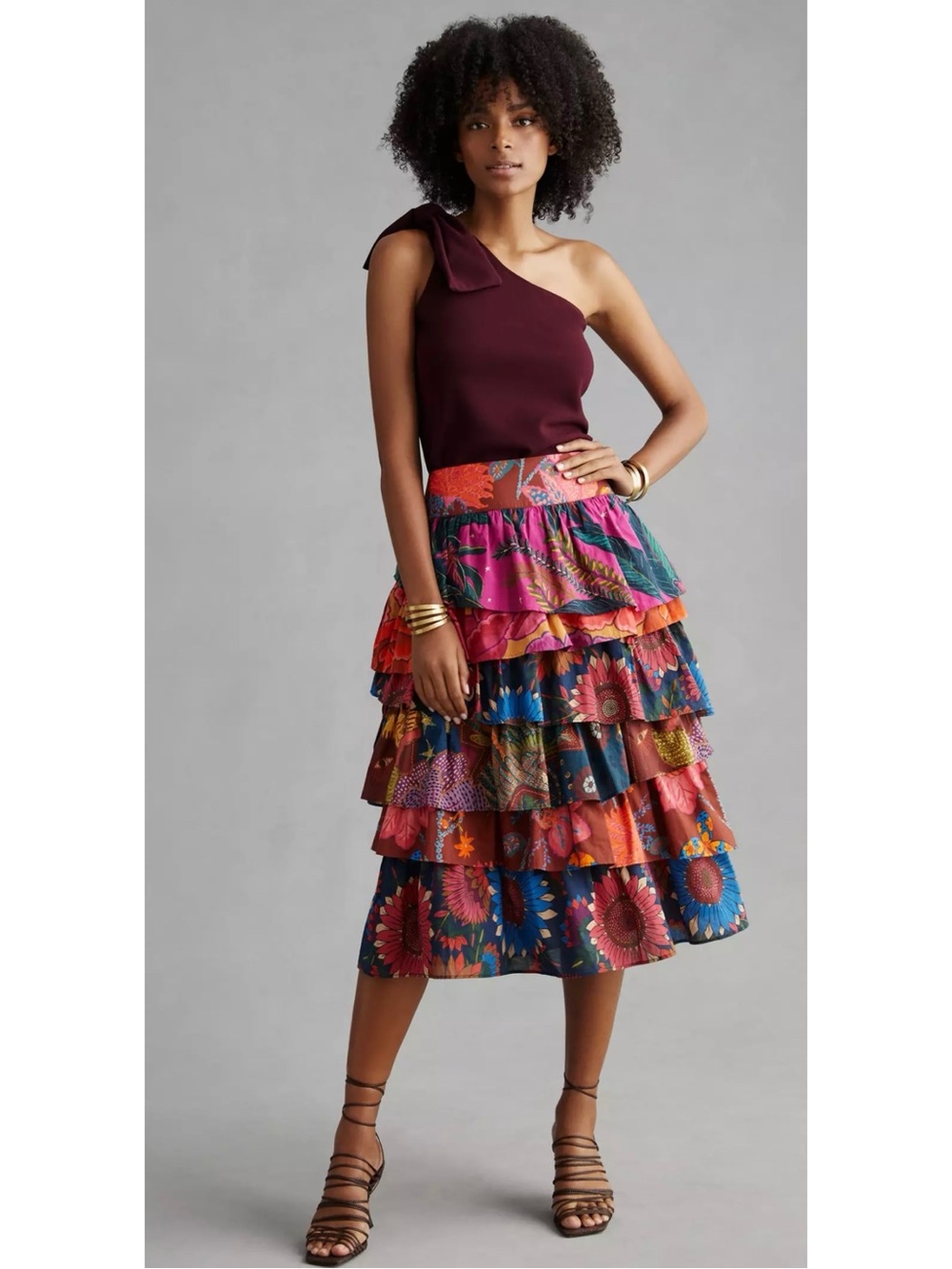 NWT FARM RIO Tiered Ruffle Tropical Floral Print Midi Skirt Sz. XL Resortwear - Picture 2 of 7